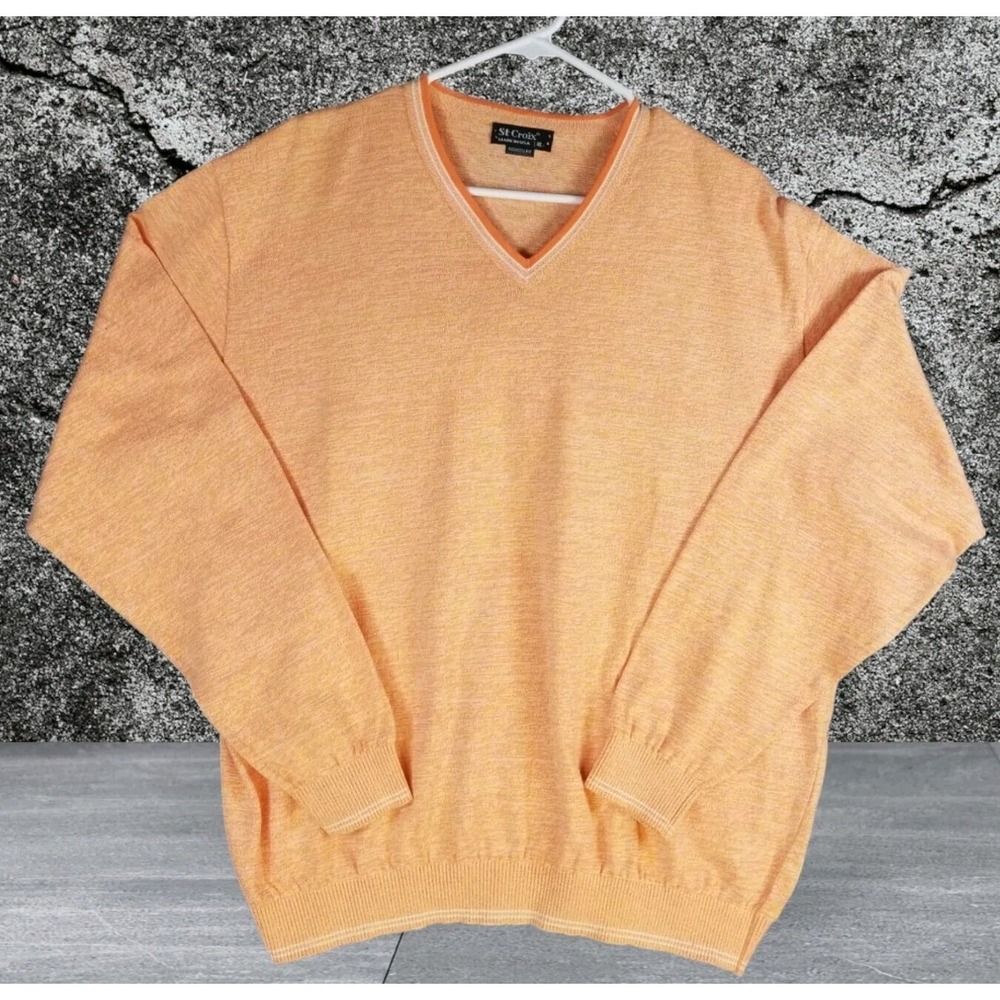 St. Croix Mens V-Neck Pullover Sweater Size XL Orange Peach Cotton Made In USA